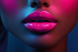A woman with bright pink lips and bright blue eyes photo