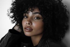A woman with curly hair and a leather jacket photo