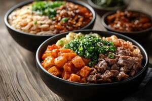 Three bowls with meat and vegetables on a wooden table photo