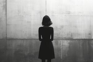 A woman standing in front of a wall photo