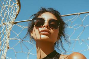 A woman wearing sunglasses and a black top photo