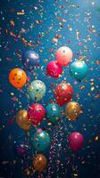 Many colorful balloons and confetti falling from the sky photo