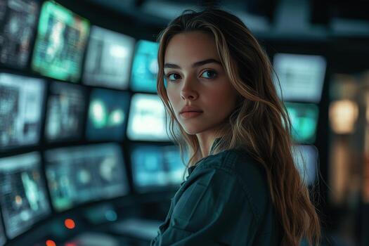 A woman in front of a large monitor with multiple screens photo