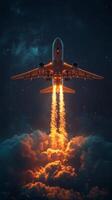 An airplane flying through the clouds at night photo