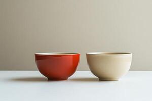 Two red and one beige bowls sitting on a table photo