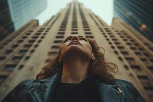 A woman looking up at a tall building photo
