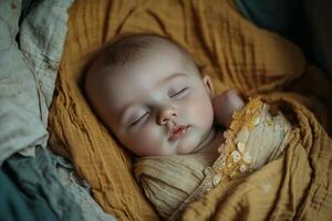 A baby sleeping in a yellow blanket photo