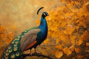 A peacock is standing on a branch in front of a tree photo