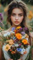 Beautiful girl with flowers in field photo