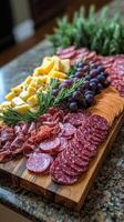 A cutting board with meat, cheese and herbs photo