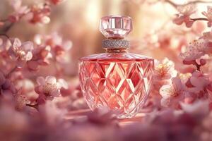 A perfume bottle with pink flowers on a table photo