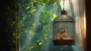 A bird in a cage in front of a window photo