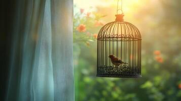 Bird in cage with sun shining through window photo