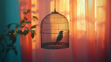 Bird in a cage at sunset photo