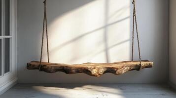 A wooden swing hanging from a rope in a room photo