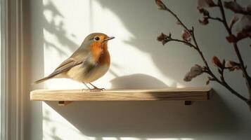 A small bird is sitting on a shelf photo