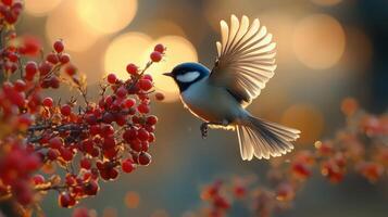 A bird flying over a red berry bush photo