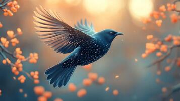 A blue bird flying through the air with flowers photo