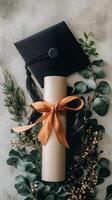 Graduation diploma with eucalyptus leaves and ribbon photo
