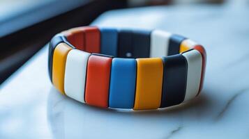 A colorful bracelet on a table with a window photo