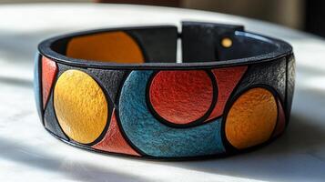 A colorful cuff bracelet with a black leather band photo