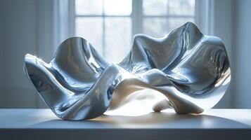 A sculpture made of silver metal on a table photo