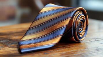 un cerca arriba de un Corbata en un de madera mesa foto