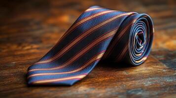 A blue and red striped tie laying on a wooden table photo