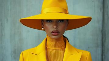 A woman in a yellow hat and turtle neck photo