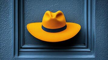 A hat is hanging on a door photo