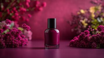 A bottle of nail polish on a purple background photo