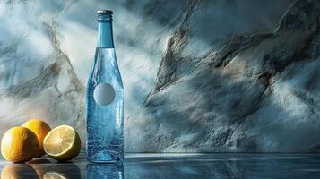 A bottle of water and lemons on a table photo