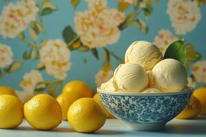 A bowl of ice cream with a bowl of lemons photo