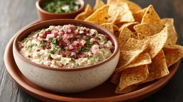 Pomegranate and pepitas dip with tortilla chips photo