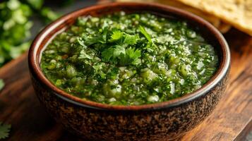 Coriander chile sauce in a bowl with tortilla chips photo
