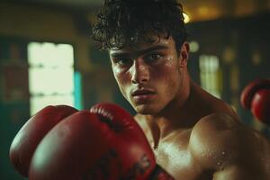 A man in boxing gear with red gloves photo