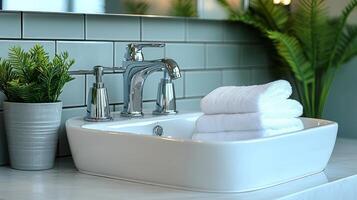 A bathroom sink with a towel on it photo