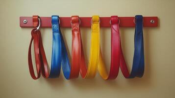 A red wall mounted rack with six colorful leather belts photo