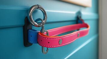 A pink and blue leash is attached to a blue door photo