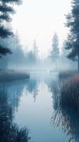 A lake surrounded by tall grass and trees photo