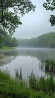 A lake surrounded by trees and grass on a foggy day photo
