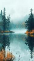 A lake surrounded by trees and fog photo