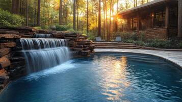 A pool with waterfall and a deck photo