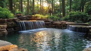 A waterfall in a backyard with rocks and trees photo