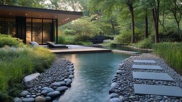 A modern garden with a stream and a lounge chair photo