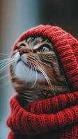 A cat wearing a red hat and scarf photo