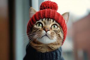A cat wearing a red hat and a sweater photo