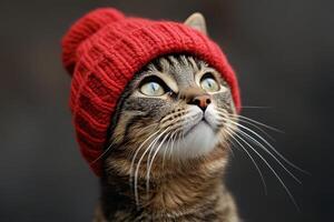 A cat wearing a red knitted hat photo