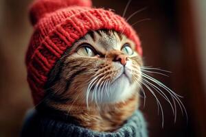A cat wearing a red knitted hat photo