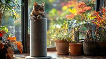 A cat sitting on top of a scratching post photo